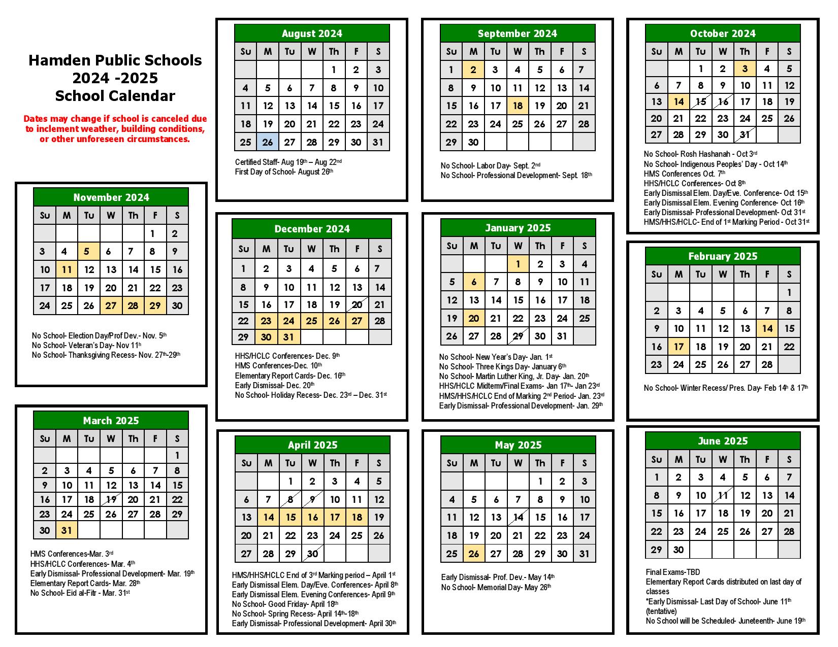 Hamden Public Schools Calendar 20242025 (Connecticut)