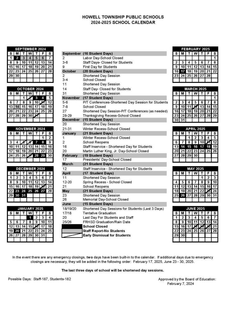 Howell Township Public Schools Calendar