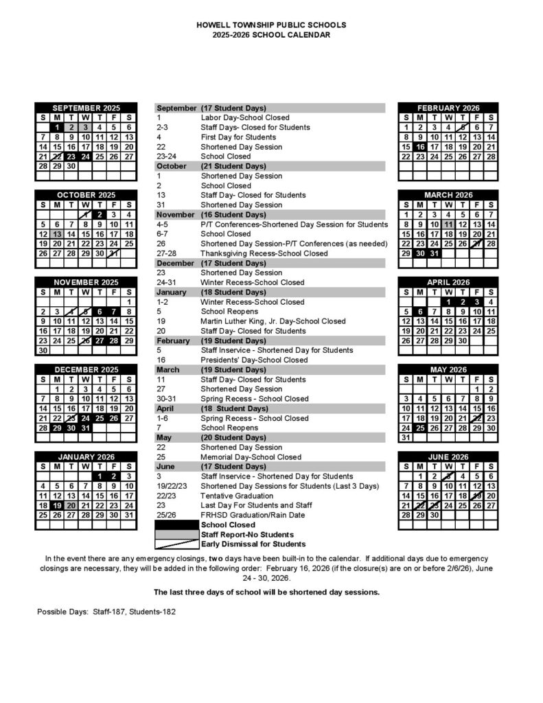 Howell Township Public Schools Calendar 2025-2026