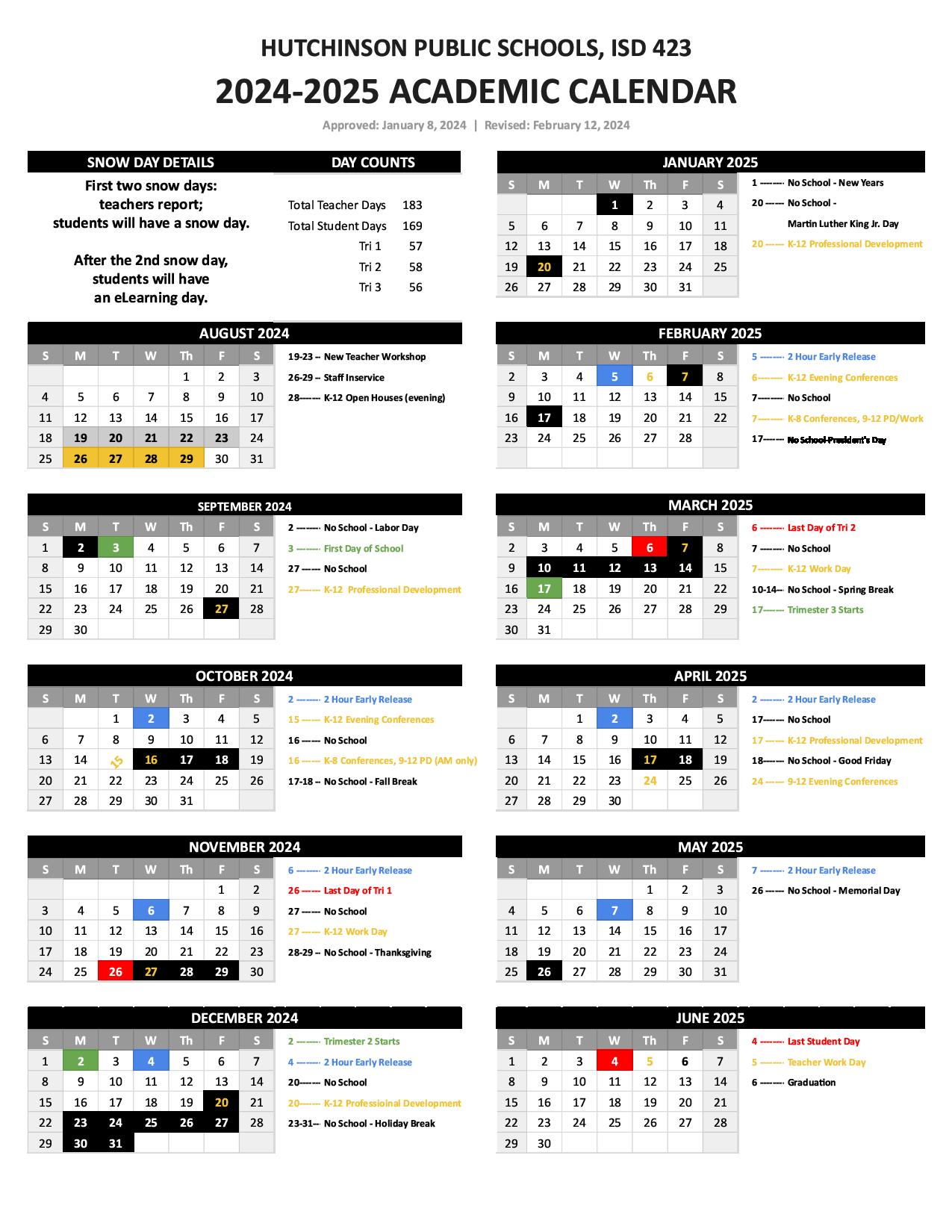 Hutchinson Public Schools Calendar 20242025 PDF (Minnesota)