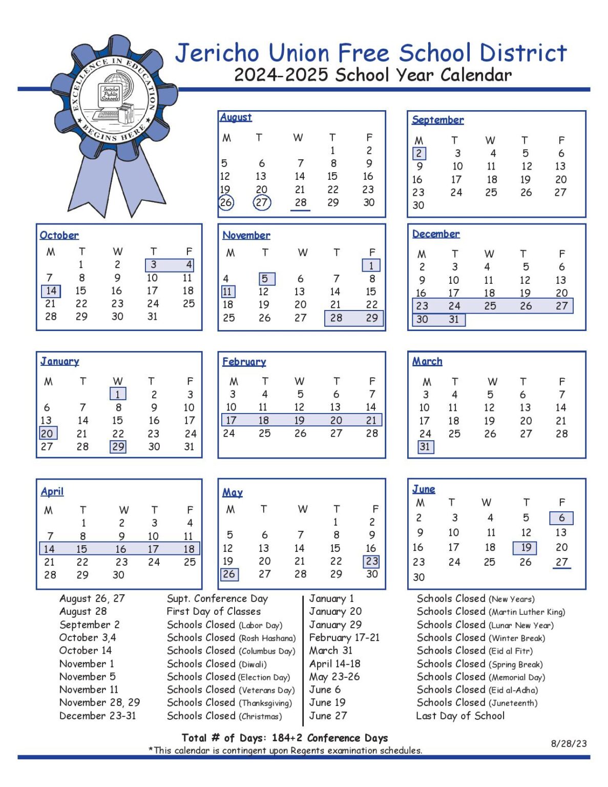 Jericho Union Free School District Calendar 20242025 in PDF