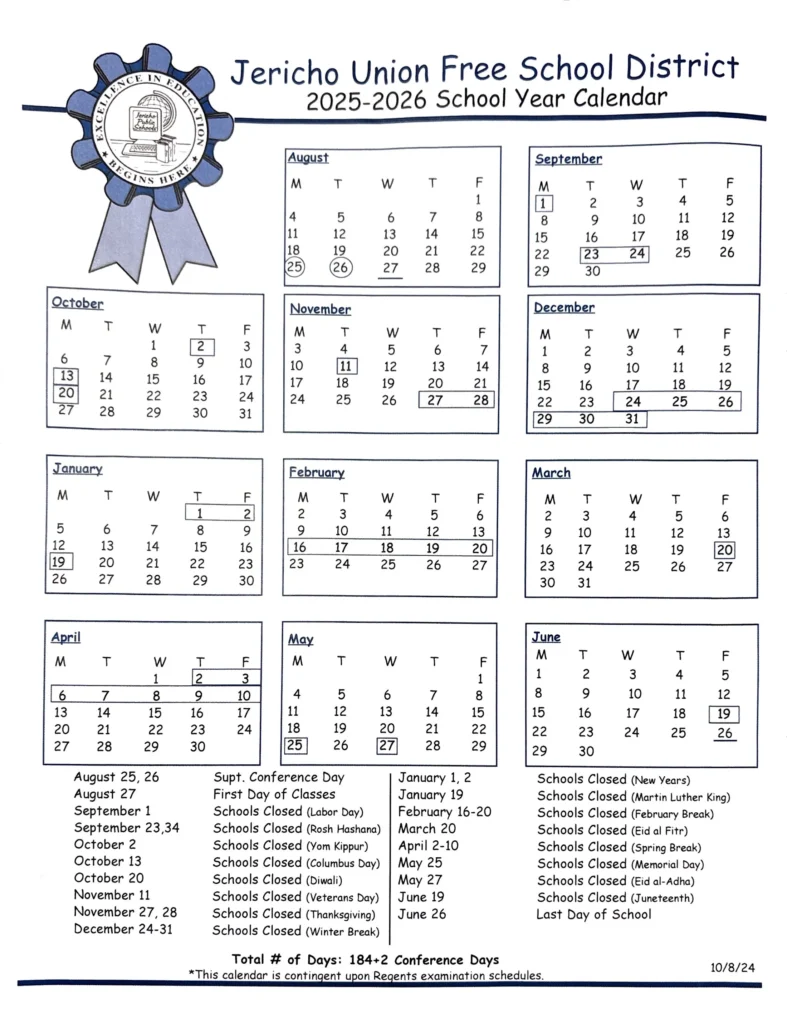 Jericho Union Free School District Calendar 2025-2026