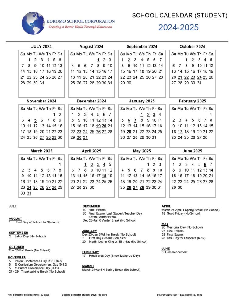 Kokomo School Corporation Calendar 2024 2025 In PDF