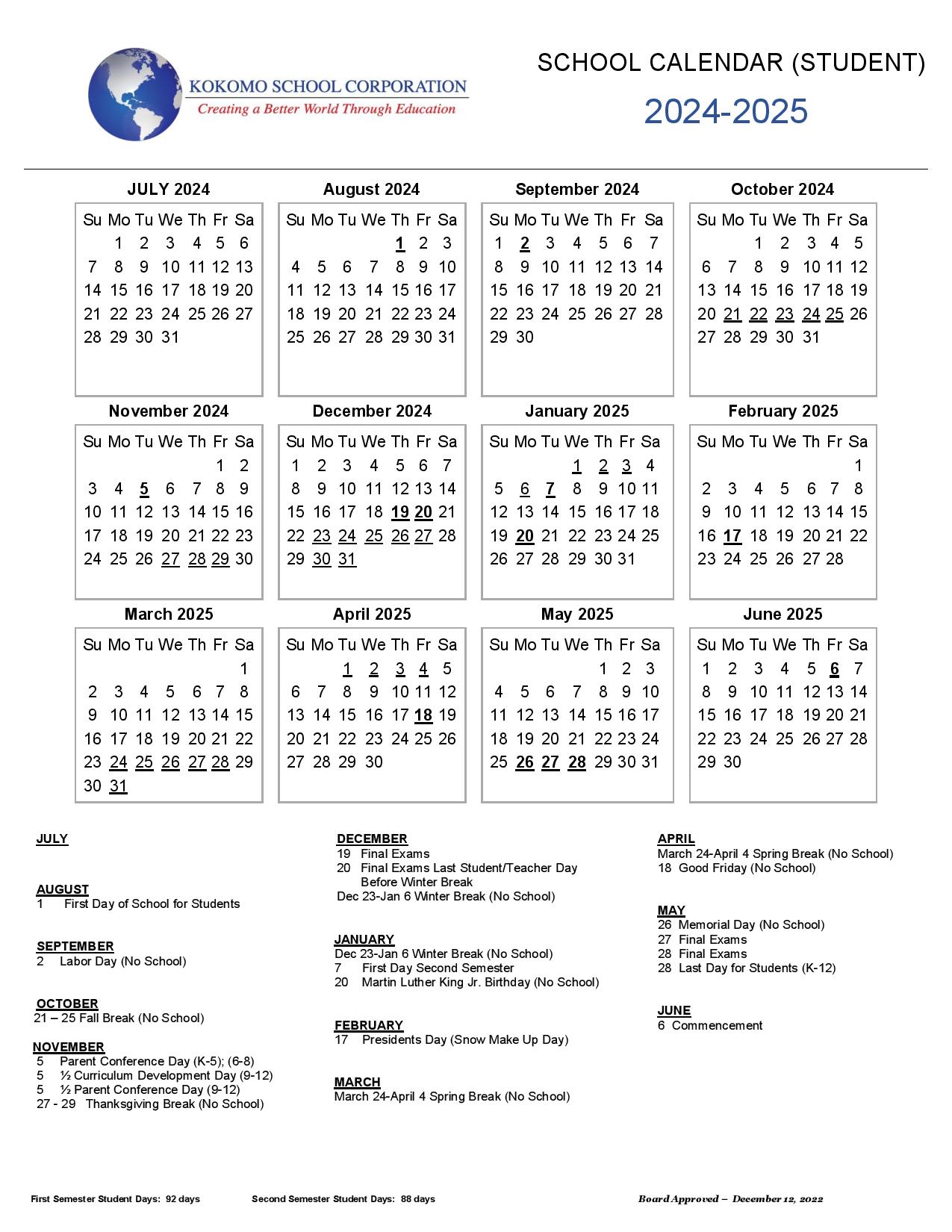 Kokomo School Corporation Calendar 2024-2025 in PDF