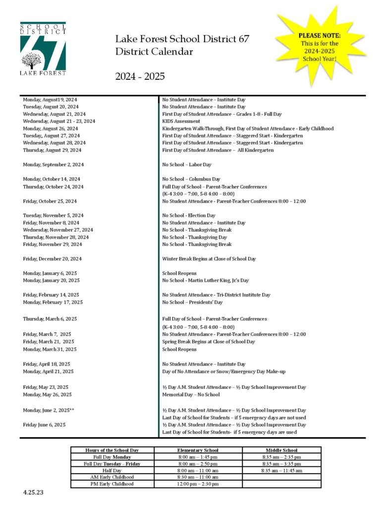 Lake Forest School District 67 Calendar