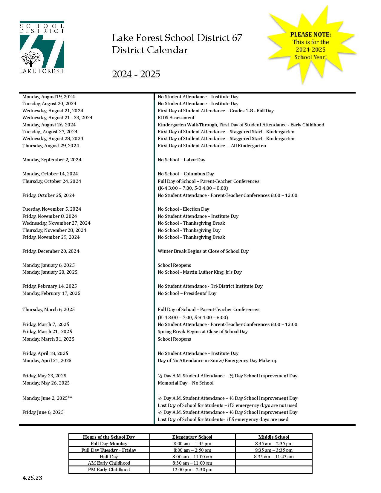 Lake Forest School District 67 Calendar 20242025 in PDF