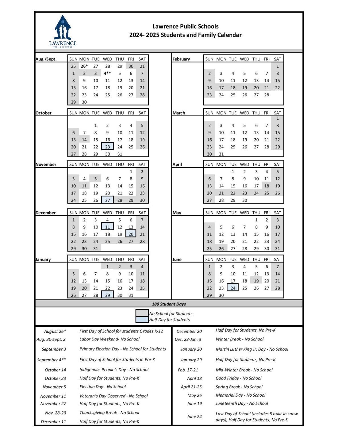 Lawrence Public Schools Calendar 2024-2025 (massachusetts)