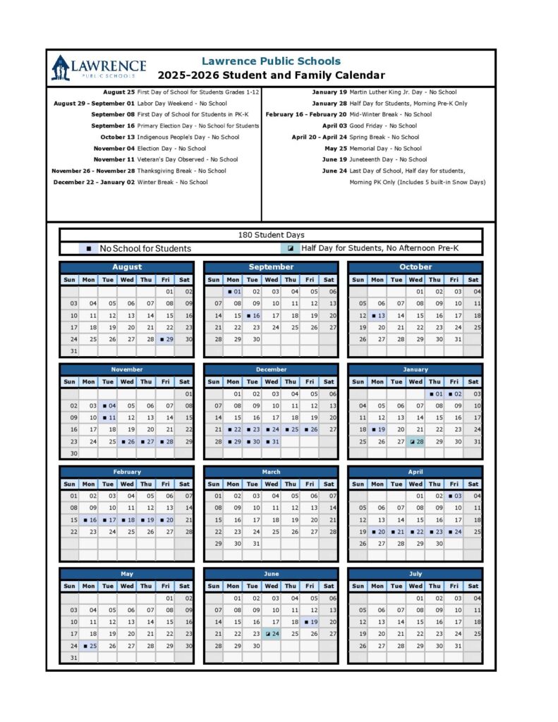 Lawrence Public Schools Calendar 2025-2026