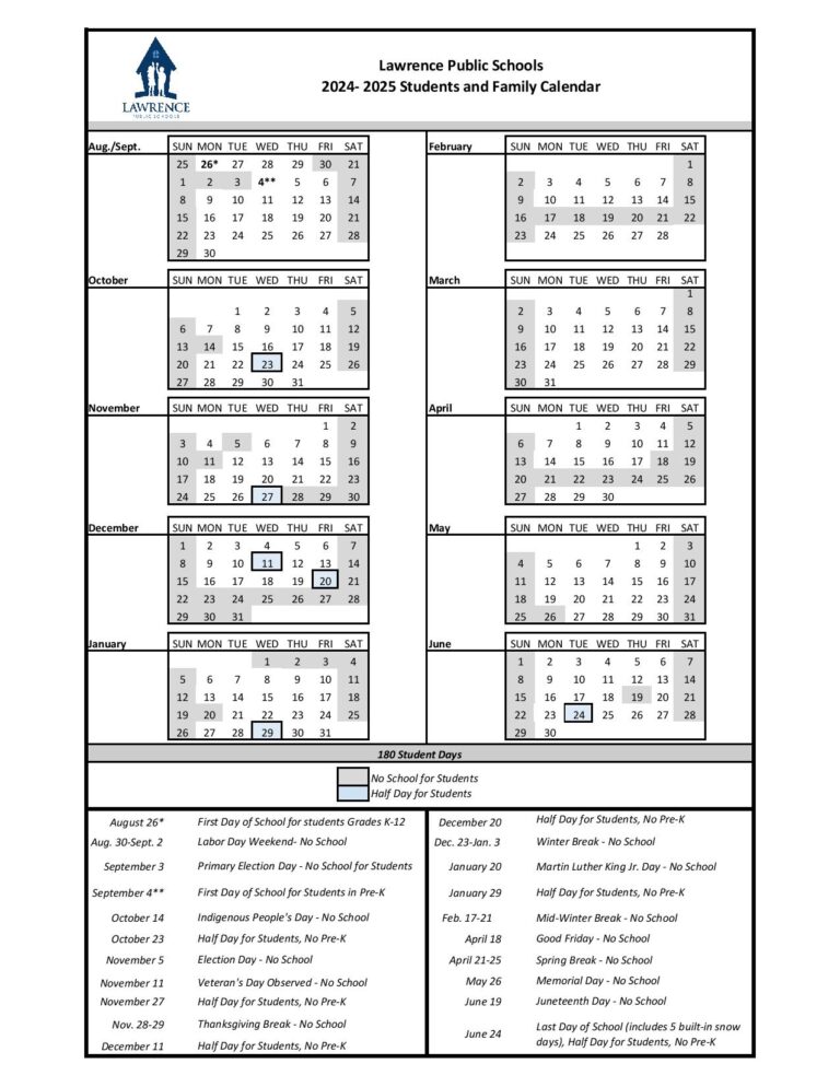 Lawrence Public Schools Calendar 2024-2025 (Massachusetts)