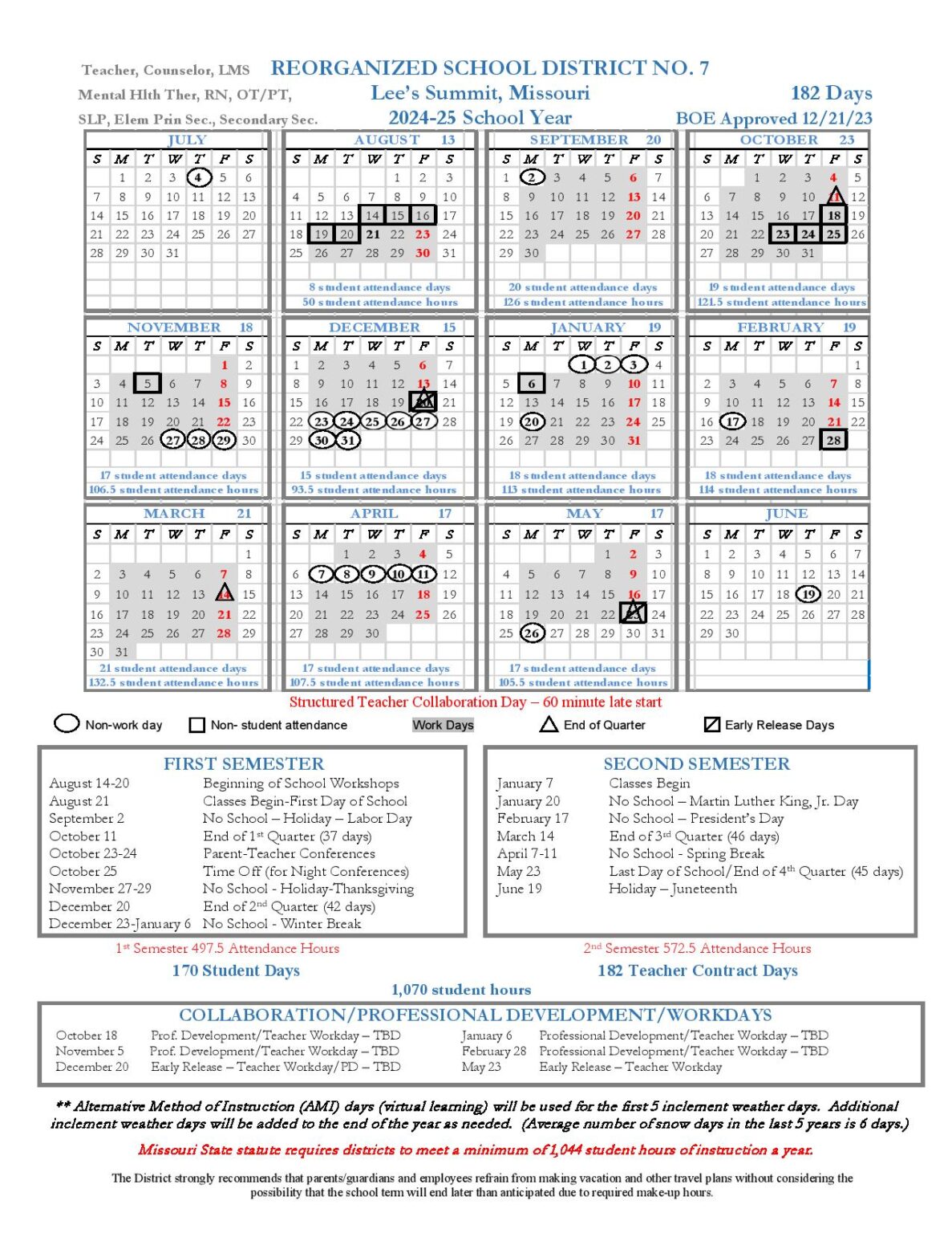 Lee’s Summit School District Calendar 20242025 in PDF