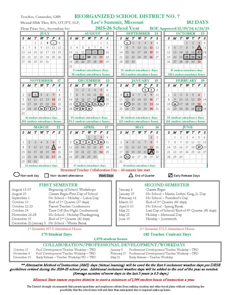 Lee’s Summit School District Calendar 2025-2026
