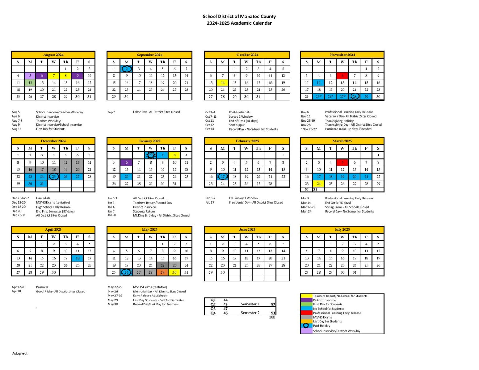 Manatee County School District Calendar 20242025 in PDF