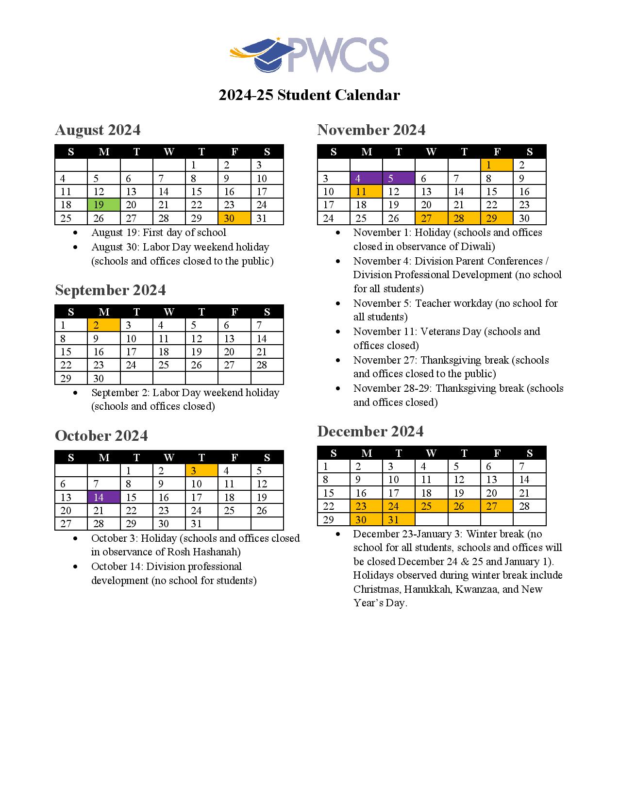 Prince William County Public Schools Calendar 20242025 PDF