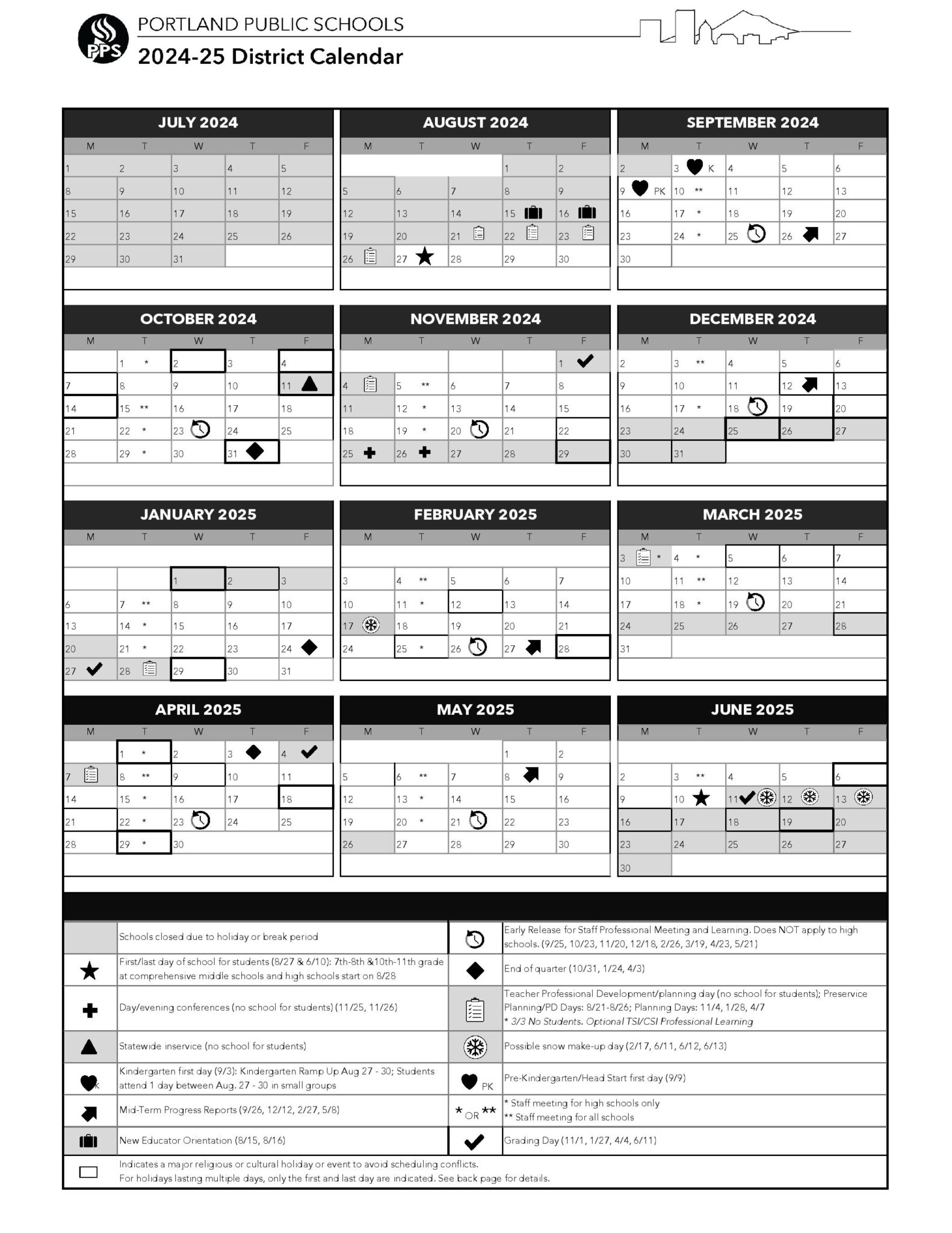 Portland Public Schools Calendar Holidays 2024-2025 PDF