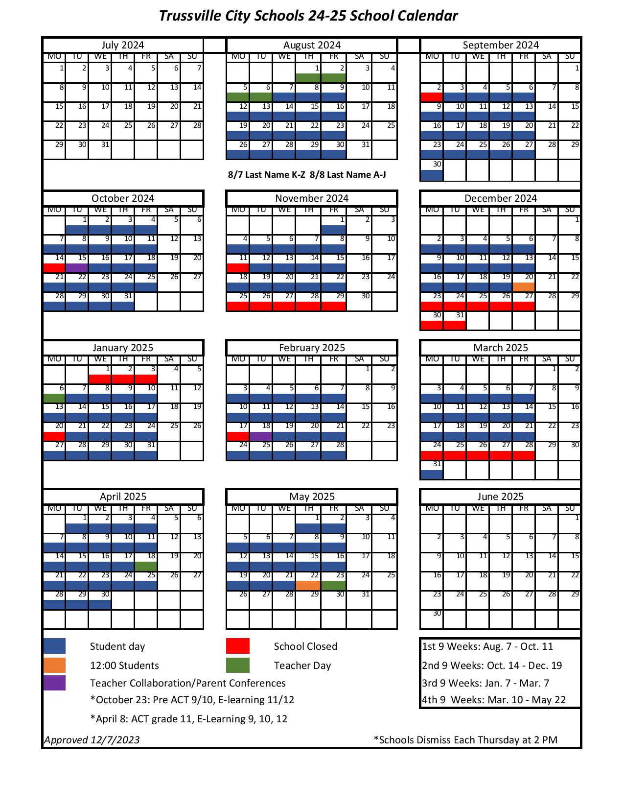 Trussville City Schools Calendar 20242025 (Holiday Breaks)