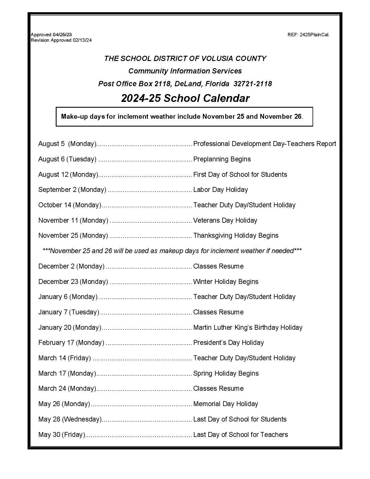 Volusia County Schools Calendar Holidays 20242025 PDF