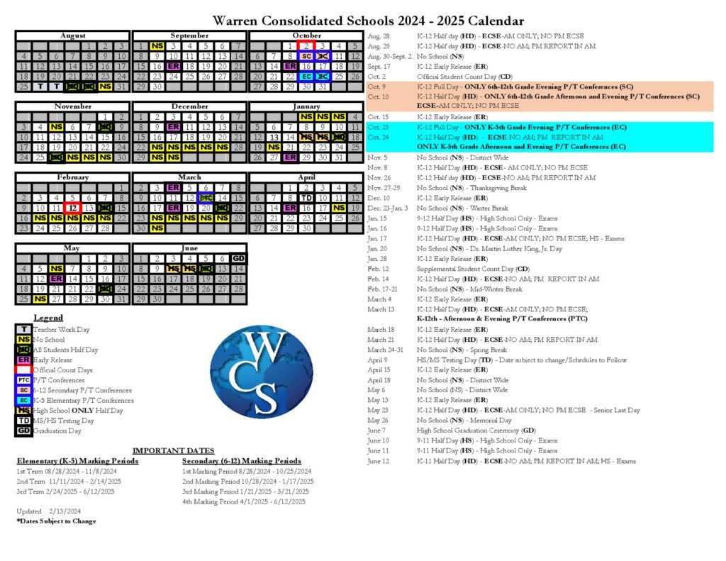 Warren Consolidated Schools Calendar