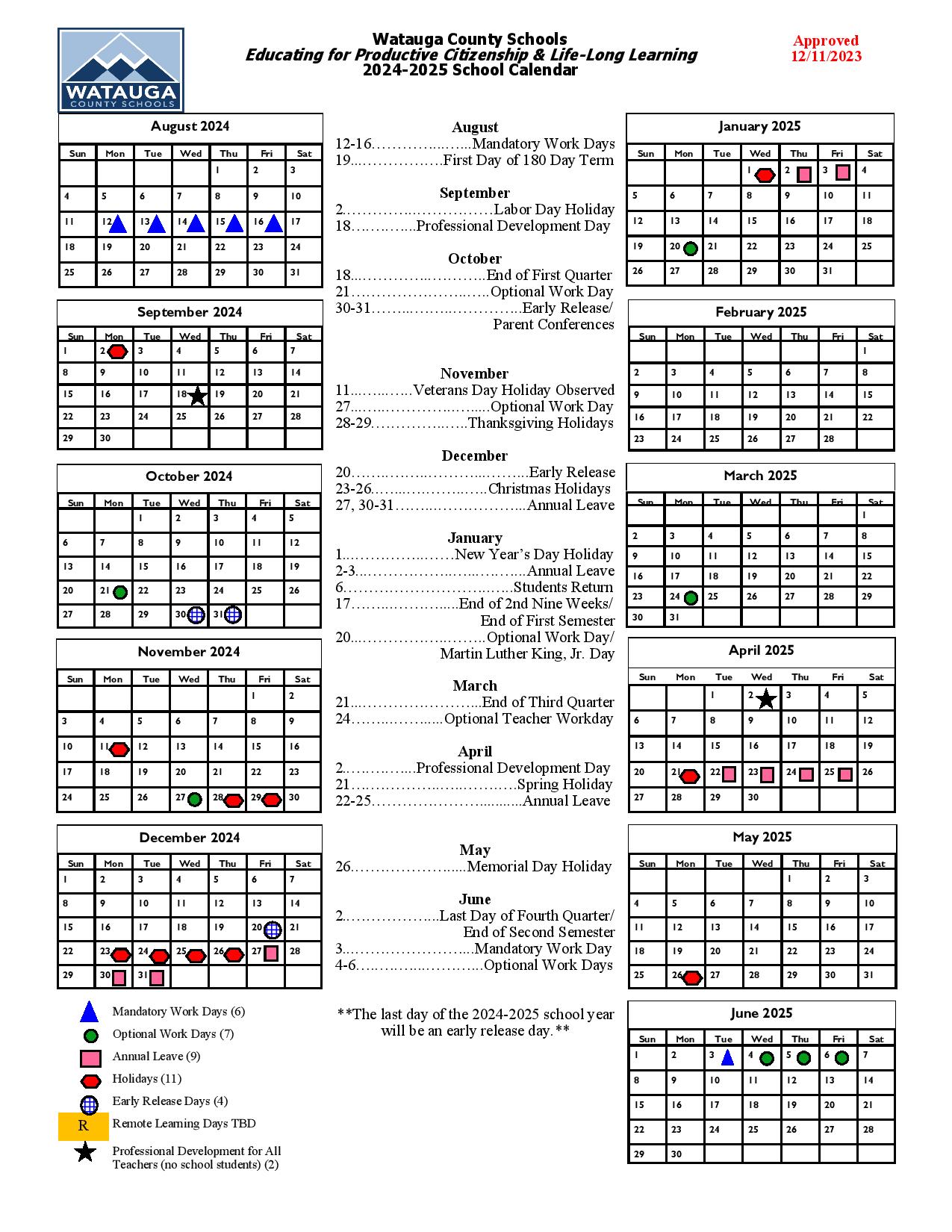 Watauga County Schools Calendar 20242025 in PDF