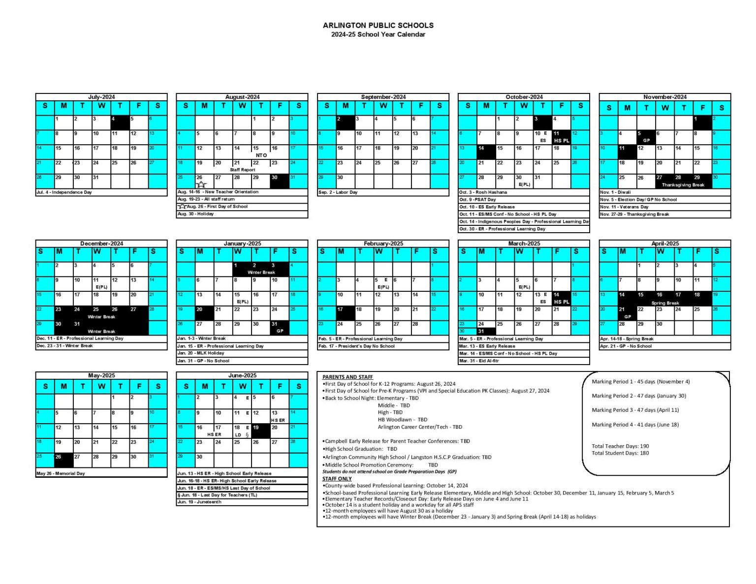 Arlington Public Schools Calendar 2024-2025 in PDF