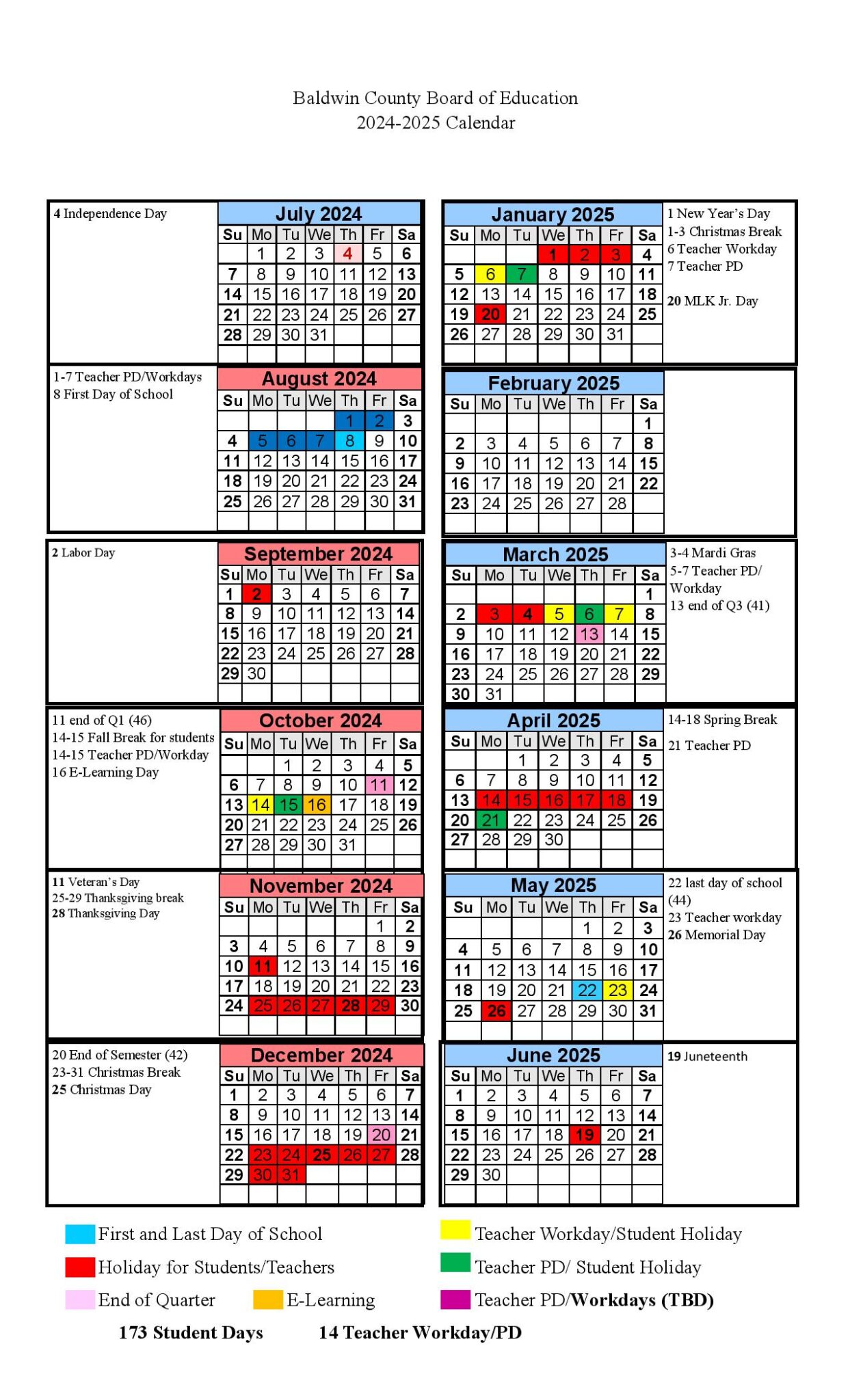 Baldwin County Public Schools Calendar 2024-2025 in PDF