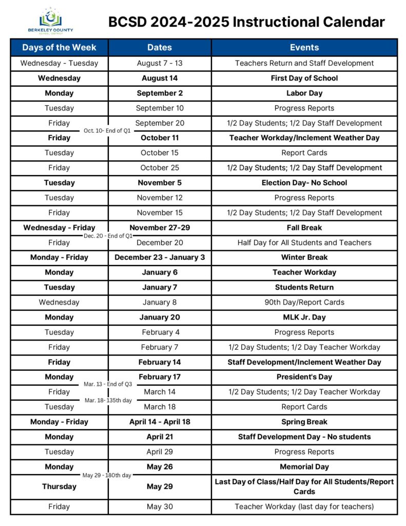 Berkeley County School District Calendar 2025 2026 In PDF