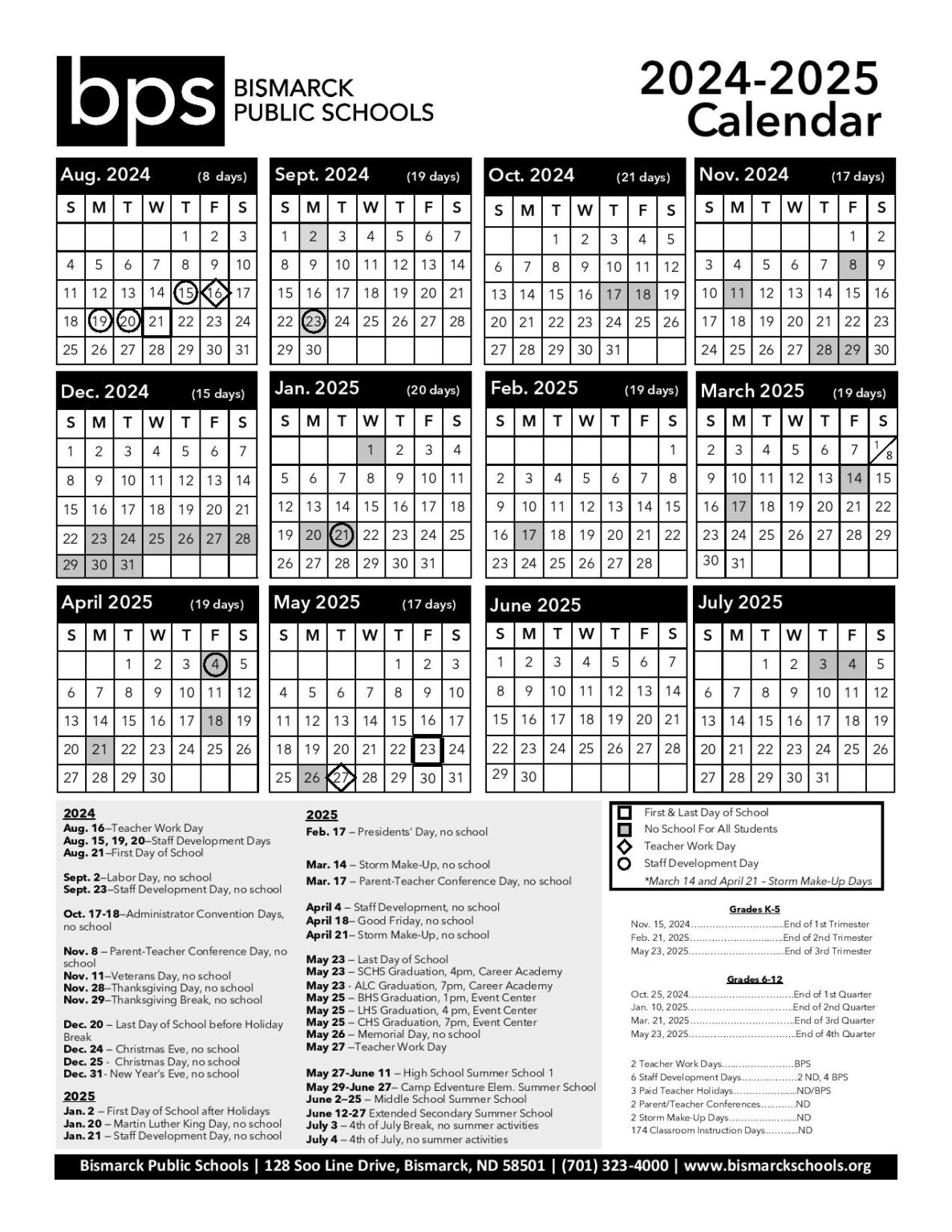 Bismarck Public Schools Calendar Holidays 2025-2026 in PDF