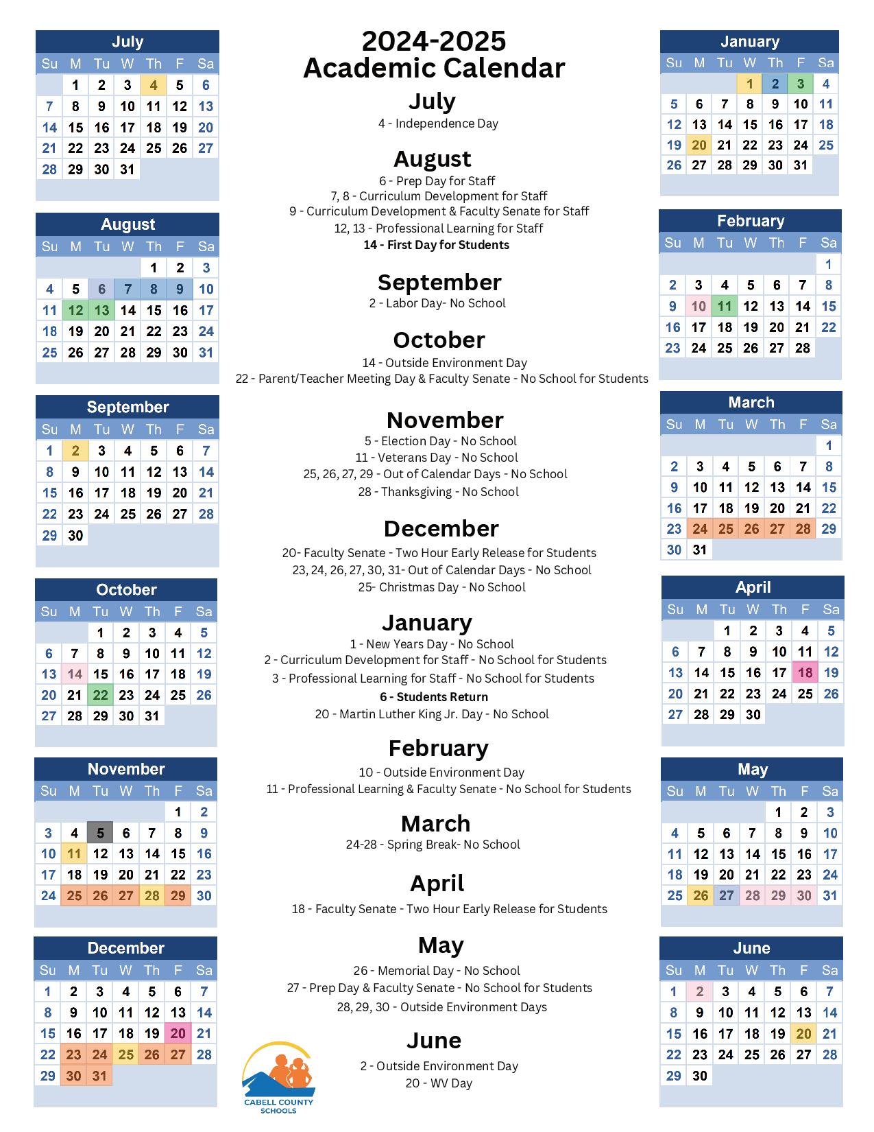 Cabell County Schools Calendar 20242025 PDF Holiday Dates