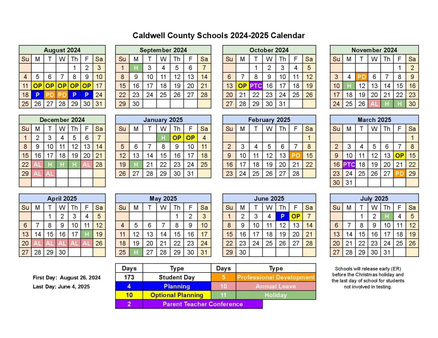 Caldwell County Schools Calendar 20242025 in PDF Holiday