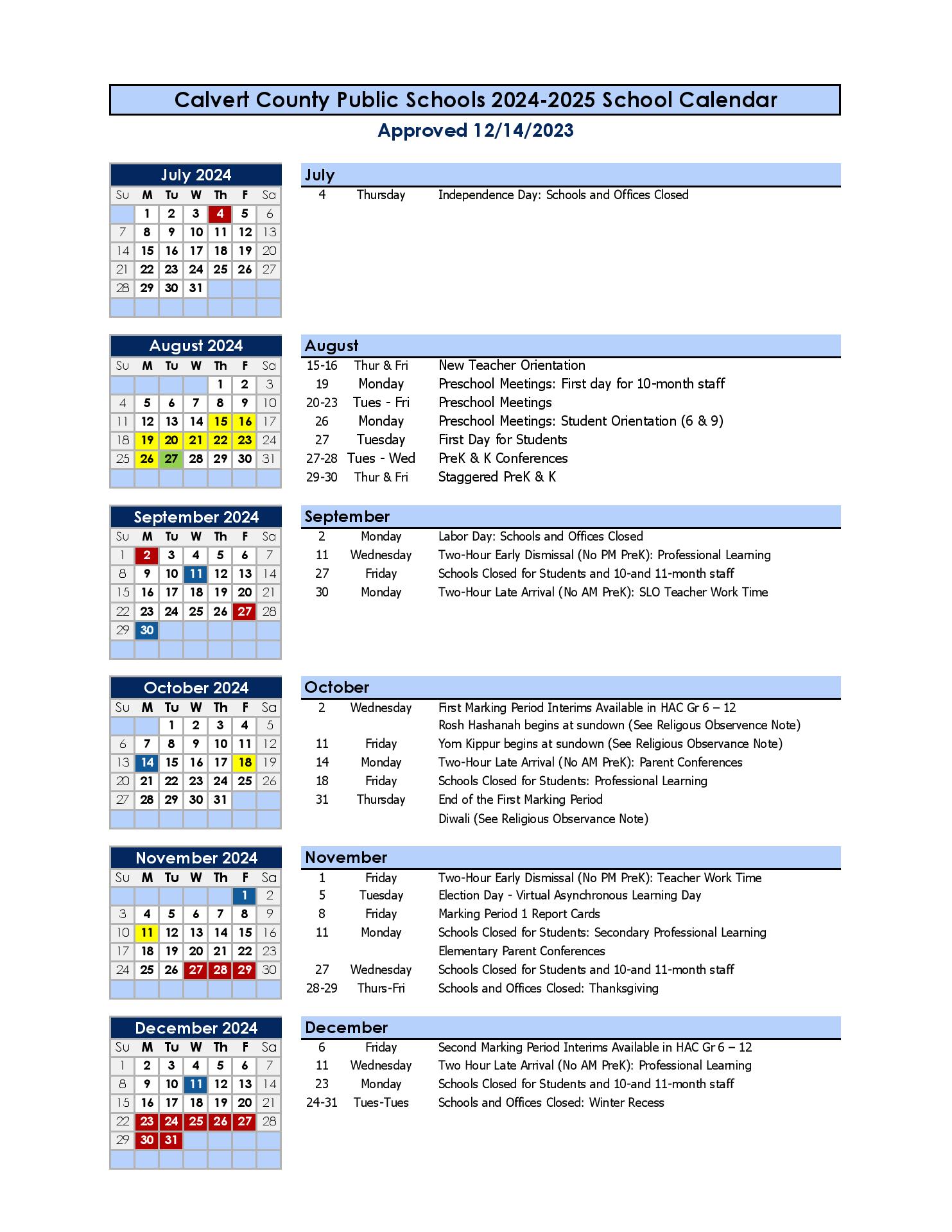 Calvert County Public Schools Calendar 20242025 in PDF