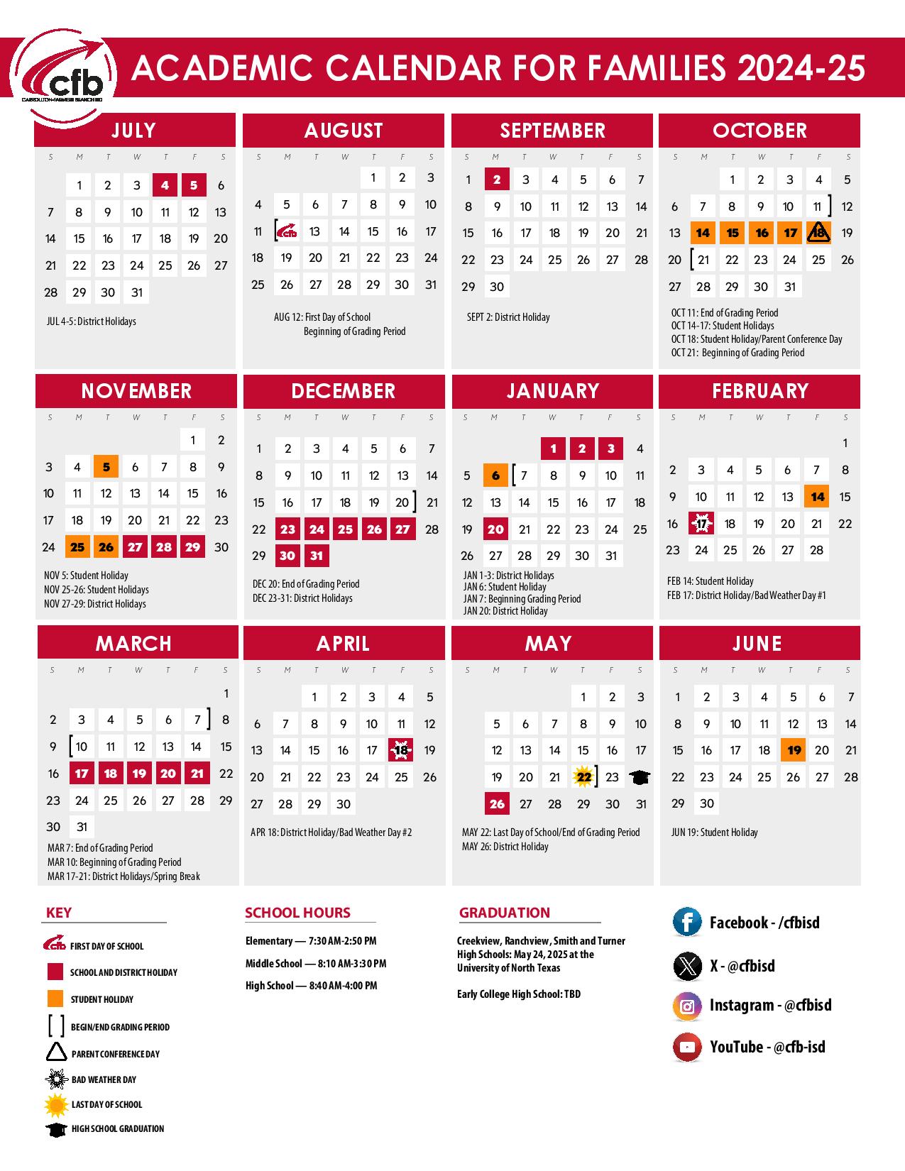 Carrollton-Farmers Branch ISD Calendar 2024-2025 in PDF