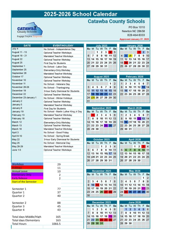 Catawba County Schools Calendar 2025-2026