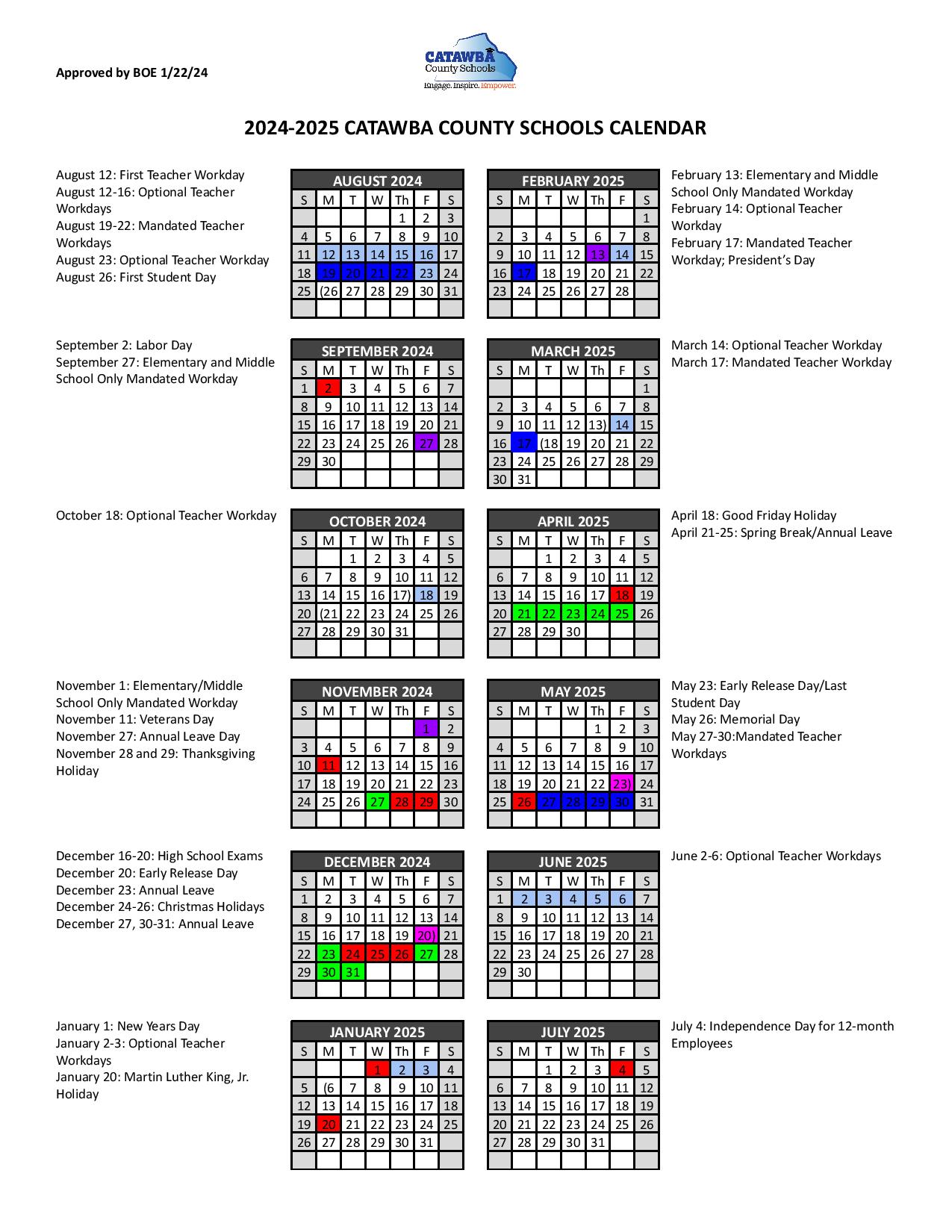 Catawba County Schools Calendar 2024 2025 In PDF Holidays School