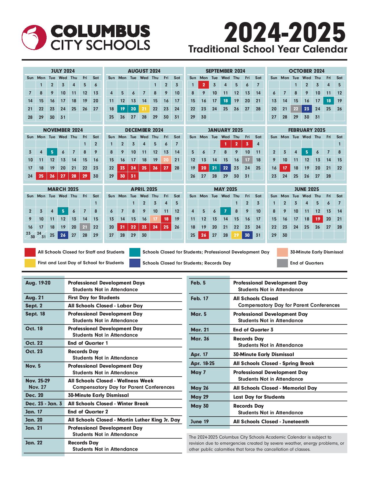 Columbus City Schools Calendar Holidays 2024-2025 PDF