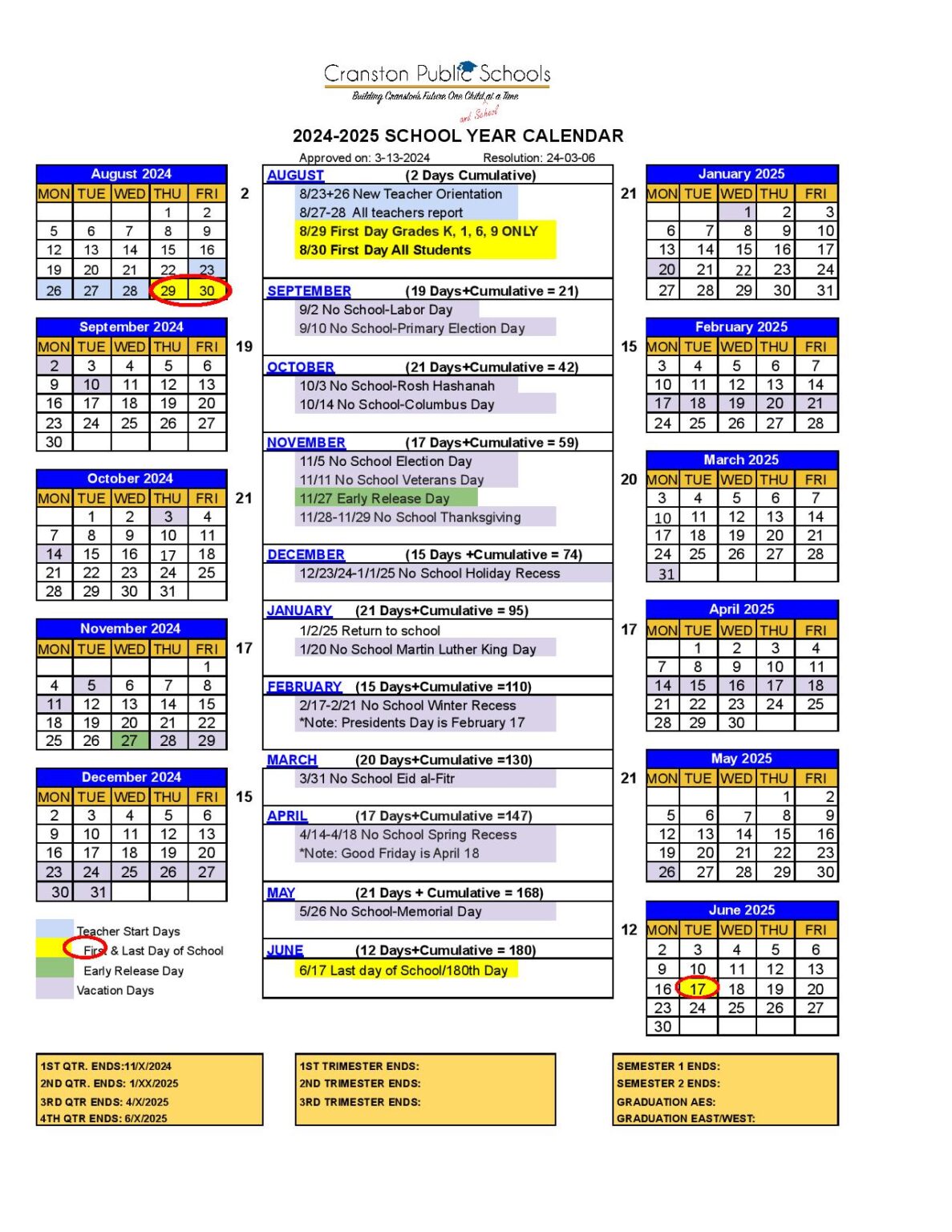 Cranston Public Schools Calendar 20242025 in PDF