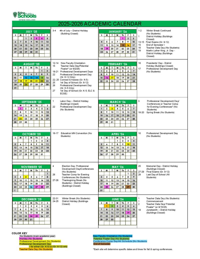 Edina Public Schools Calendar 2025-2026
