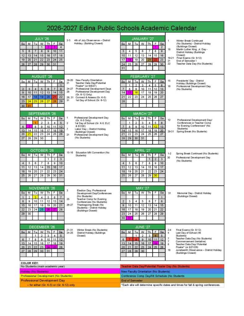 Edina Public Schools Calendar 2026-2027
