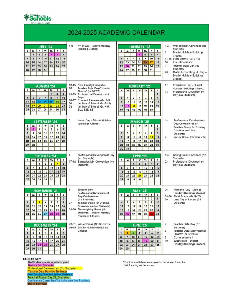 Edina Public Schools Calendar 202425 PDF Academic Schedule