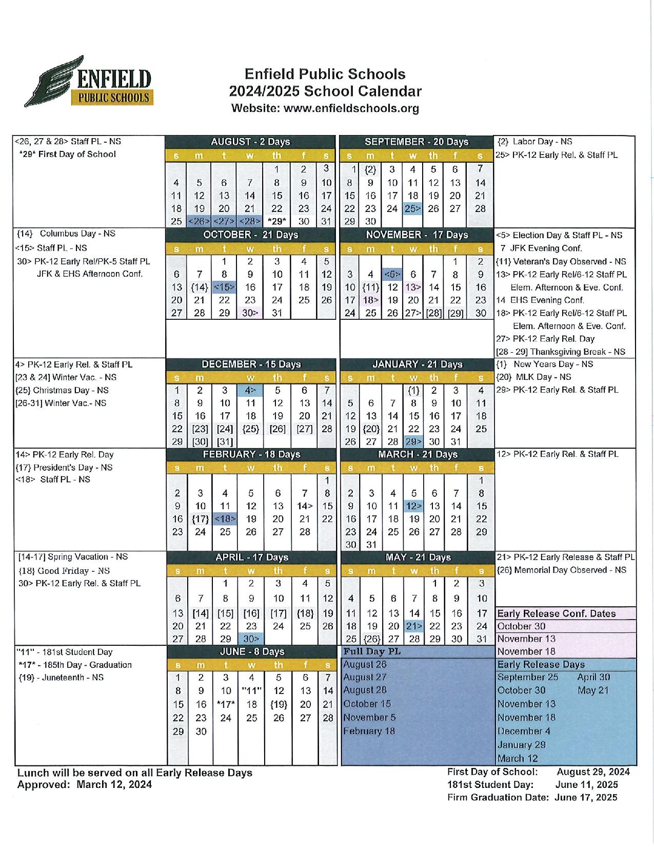 Enfield Public Schools Calendar 20242025 in PDF