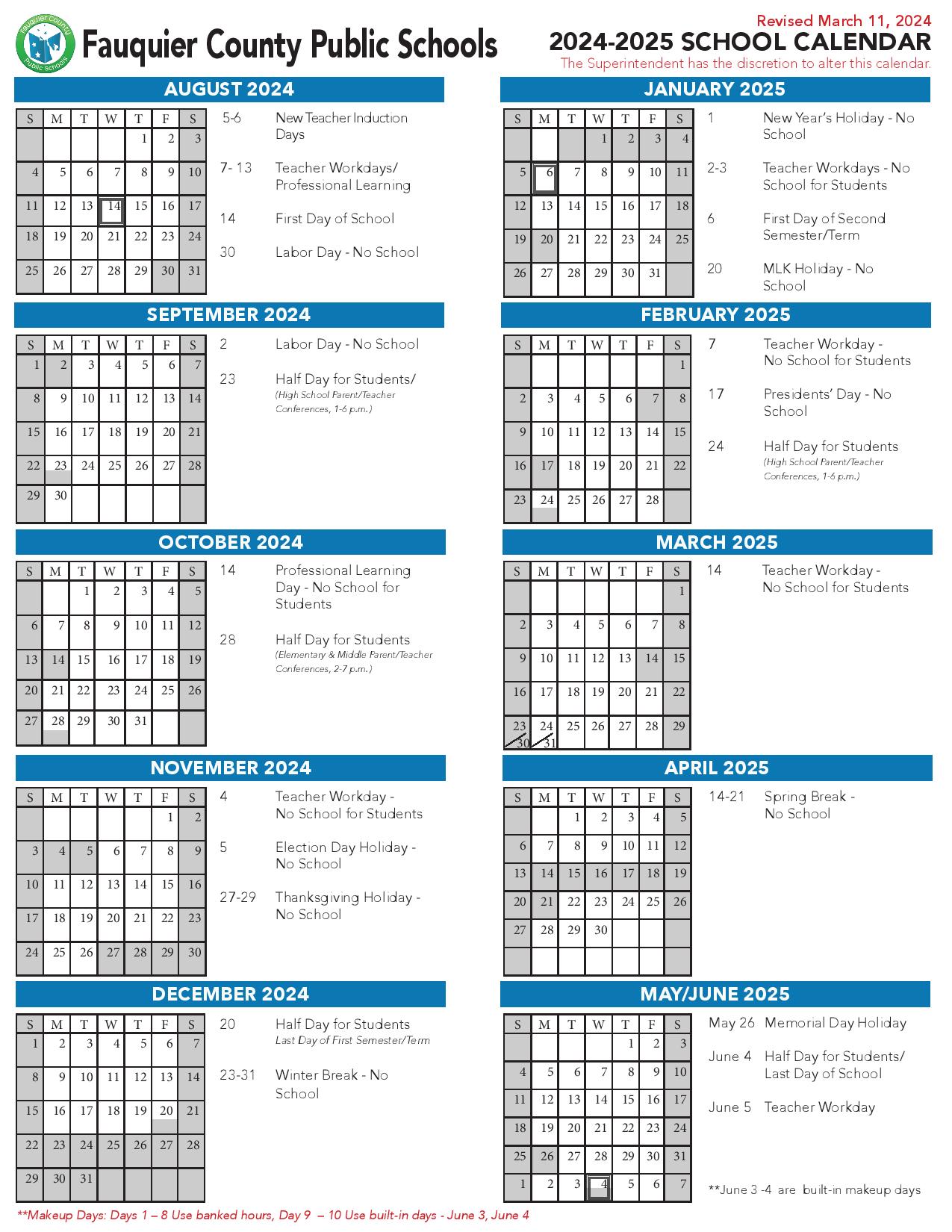 Fauquier County Public Schools Calendar 20242025 in PDF