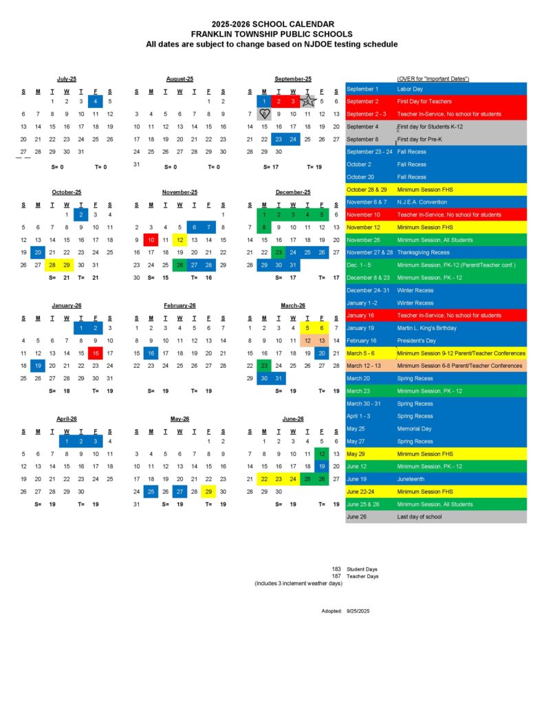 Franklin Township School Calendar 2025-2026