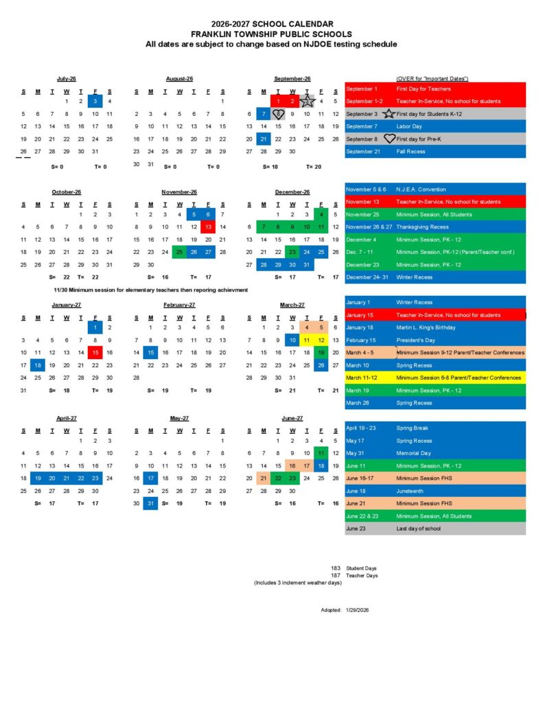Franklin Township School Calendar 2026-2027