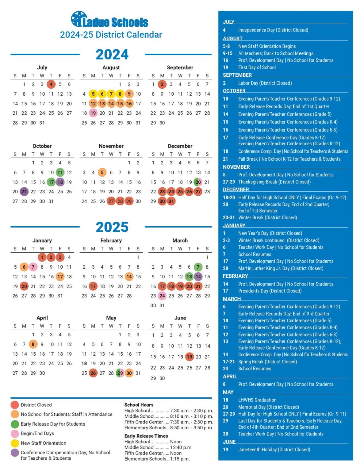 Ladue School District Calendar 20242025 in PDF