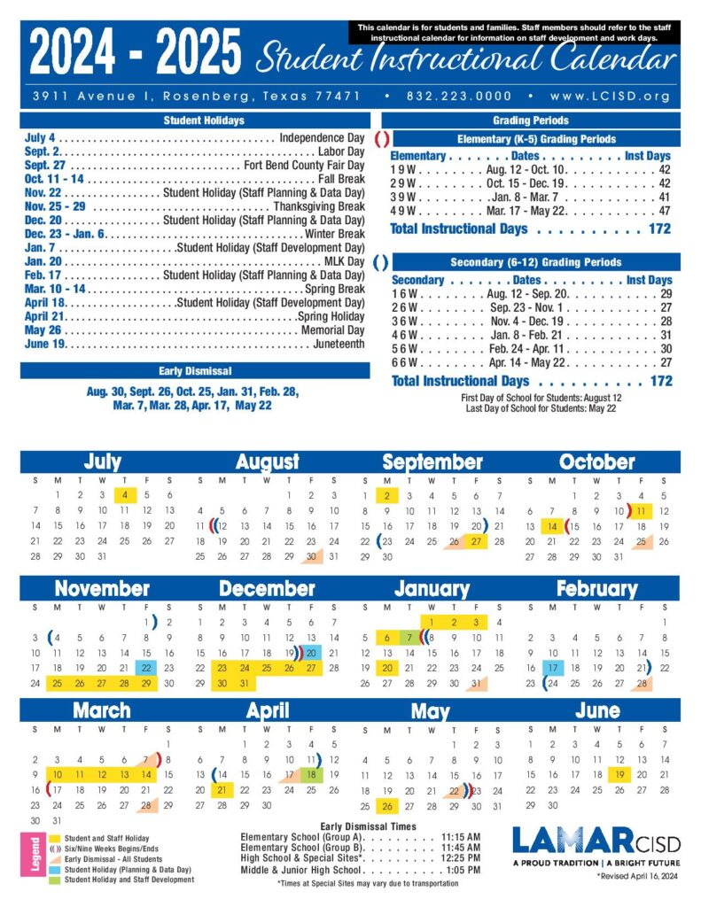 Lamar Consolidated Independent School District Calendar
