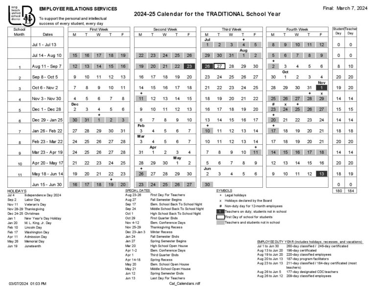 Long Beach Unified School District Calendar 20242025