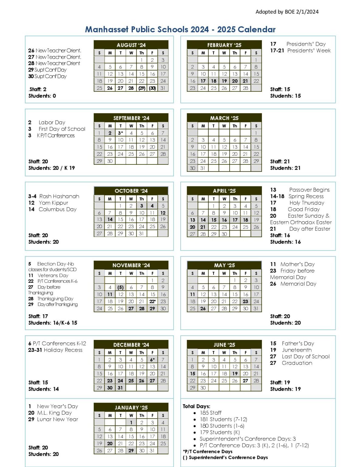 Manhasset Schools Calendar Holidays 2024 2025 Download PDF School