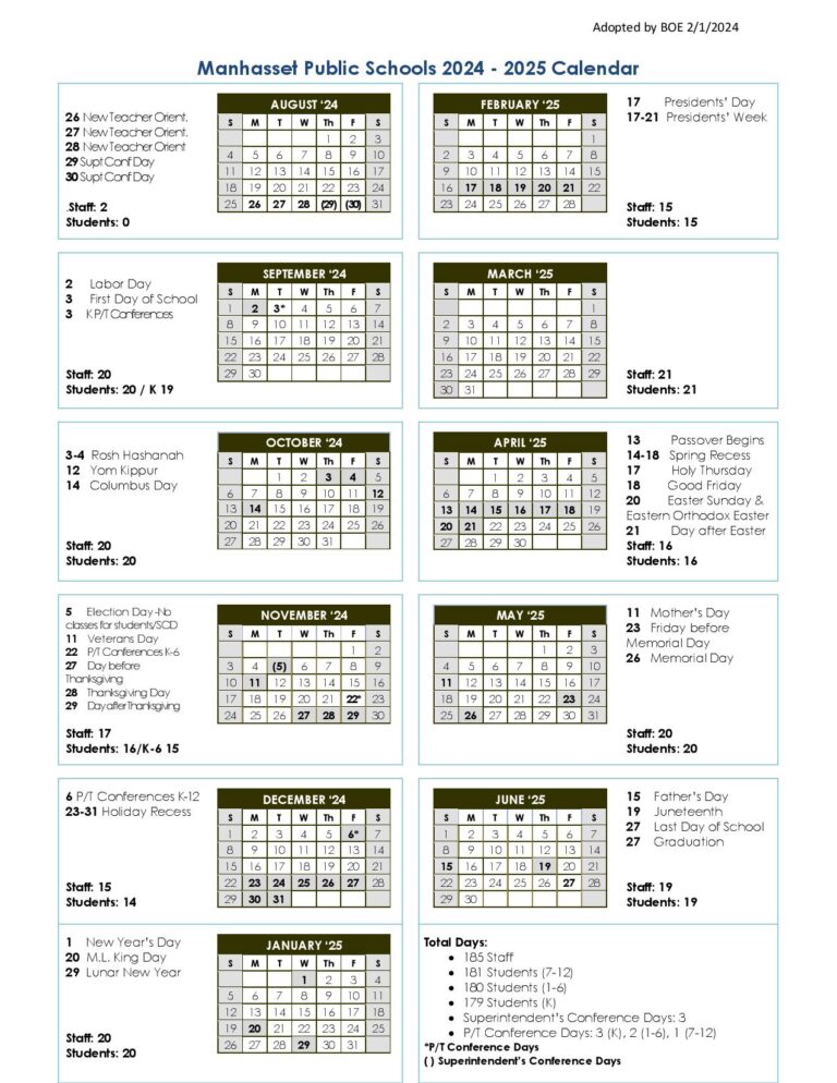 Manhasset Schools Calendar Holidays 2024-2025 | Download PDF