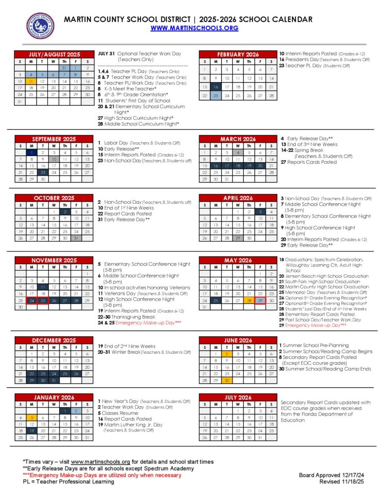 Martin County School Calendar 2025-2026