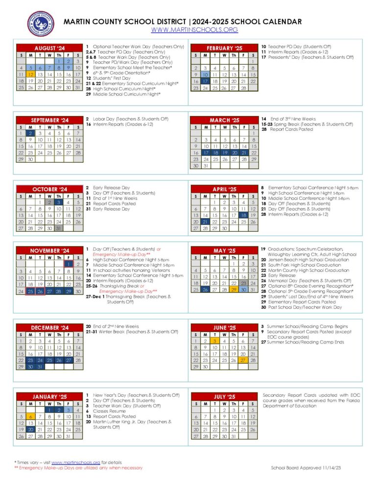 Martin County School Calendar 20242025 in PDF