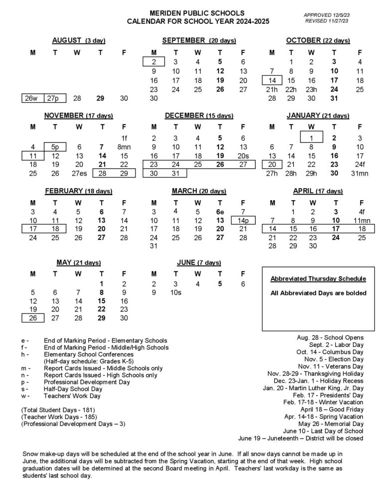 Meriden Public Schools Calendar 20242025 in PDF