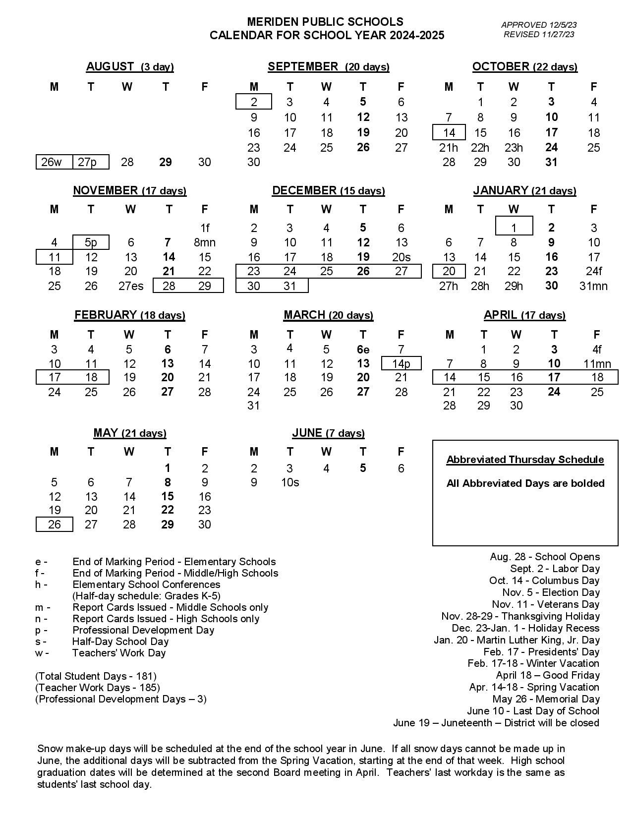 Meriden Public Schools Calendar 20242025 in PDF